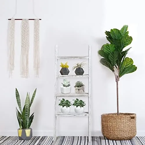 KIAYACI Ladder Shelf Rustic Vintage Blanket Ladder Decorative Wood Ladder Shelf for Living Room Bedroom Bathroom (Retro White, 48" x 22") - Image 9