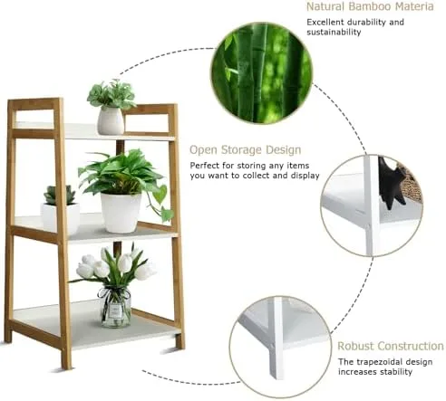 ECOMEX 3-Tier Ladder Shelf Modern Style Shelf, Ladder Bookshelf Open Storage Rack Wood Ladder Shelf with Bamboo Frame, Freestanding Ladder Shelves for Home Office, Bedroom (Bamboo Frame,White Shelf) - Image 5