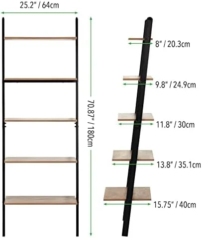 mDesign 5-Tier Leaning Ladder Bookshelf - Rustic Ladder-Style Shelf Bookcase - Decorative Slanted Storage Rack w/Composite Wood Shelves for Bathroom, Living Room - Ladder Shelves - Black - Image 4