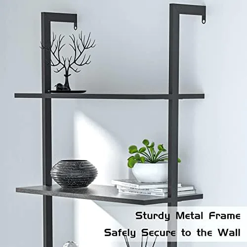 Wall Mounted Ladder Shelf, Modern 4-Tier Ladder Bookshelf with Drawers, Black Bookcase with Metal Frame Storage Cabinet for Home Office Black - Image 6