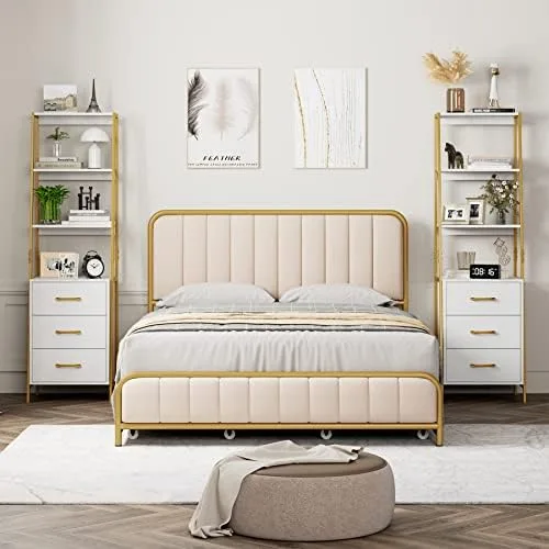 HITHOS 4-Tier Bookshelf, Tall Bookcase with 3 Wooden Drawers, Modern Ladder Book Shlef Storage Organizer for Living Room, Entryway, Office, White Gold - Image 6