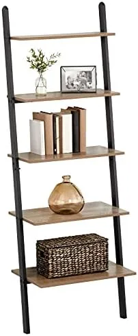 mDesign 5-Tier Leaning Ladder Bookshelf - Rustic Ladder-Style Shelf Bookcase - Decorative Slanted Storage Rack w/Composite Wood Shelves for Bathroom, Living Room - Ladder Shelves - Black - Image 5