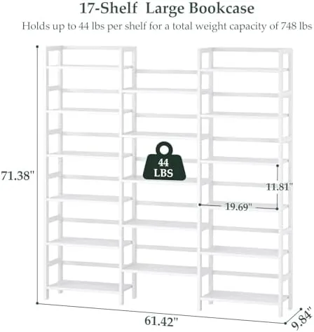 Homykic Triple Wide 6-Tier Bamboo Bookshelf, 6ft Tall Bookcase with 17 Open Display Shelves, Super Large Freestanding Book Shelf for Home Office, Bedroom, Living Room, Books, White - Image 4
