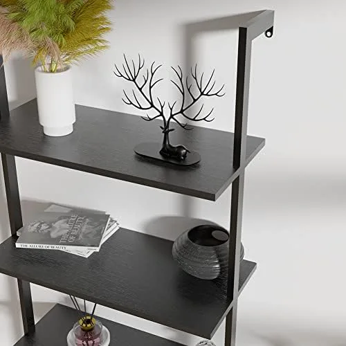 Wall Mounted Ladder Shelf, Modern 4-Tier Ladder Bookshelf with Drawers, Black Bookcase with Metal Frame Storage Cabinet for Home Office Black - Image 5