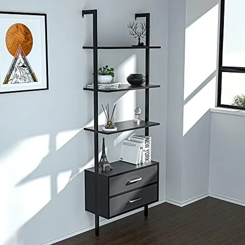 Wall Mounted Ladder Shelf, Modern 4-Tier Ladder Bookshelf with Drawers, Black Bookcase with Metal Frame Storage Cabinet for Home Office Black - Image 4