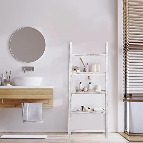 KIAYACI Ladder Shelf Rustic Vintage Blanket Ladder Decorative Wood Ladder Shelf for Living Room Bedroom Bathroom (Retro White, 48" x 22") - Image 6
