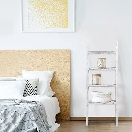 KIAYACI Ladder Shelf Rustic Vintage Blanket Ladder Decorative Wood Ladder Shelf for Living Room Bedroom Bathroom (Retro White, 48" x 22") - Image 4
