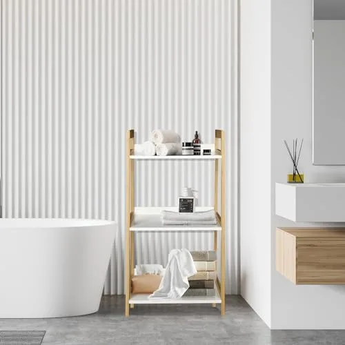 ECOMEX 3-Tier Ladder Shelf Modern Style Shelf, Ladder Bookshelf Open Storage Rack Wood Ladder Shelf with Bamboo Frame, Freestanding Ladder Shelves for Home Office, Bedroom (Bamboo Frame,White Shelf) - Image 8