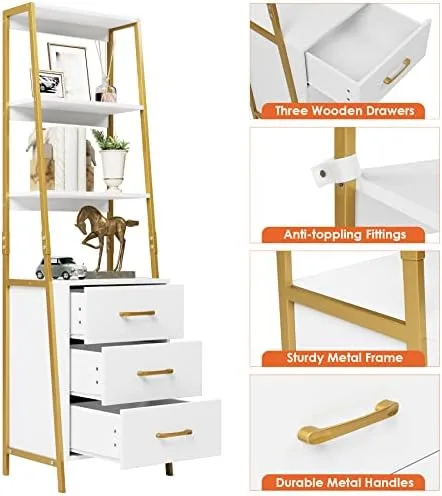 HITHOS 4-Tier Bookshelf, Tall Bookcase with 3 Wooden Drawers, Modern Ladder Book Shlef Storage Organizer for Living Room, Entryway, Office, White Gold - Image 7