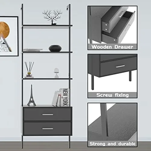 Wall Mounted Ladder Shelf, Modern 4-Tier Ladder Bookshelf with Drawers, Black Bookcase with Metal Frame Storage Cabinet for Home Office Black - Image 8