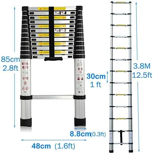 12.5FT Telescoping Ladder Aluminum Extension Tall Multi Purpose Loft Ladder Heavy Duty 330lb Capacity EN131 Certificated - Image 3