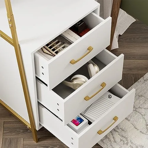 HITHOS 4-Tier Bookshelf, Tall Bookcase with 3 Wooden Drawers, Modern Ladder Book Shlef Storage Organizer for Living Room, Entryway, Office, White Gold - Image 8