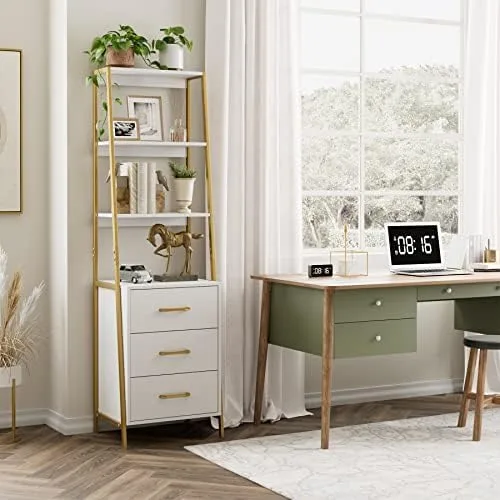 HITHOS 4-Tier Bookshelf, Tall Bookcase with 3 Wooden Drawers, Modern Ladder Book Shlef Storage Organizer for Living Room, Entryway, Office, White Gold - Image 3