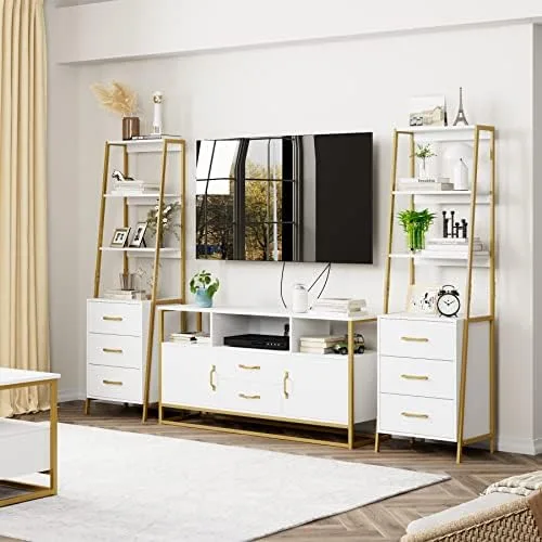 HITHOS 4-Tier Bookshelf, Tall Bookcase with 3 Wooden Drawers, Modern Ladder Book Shlef Storage Organizer for Living Room, Entryway, Office, White Gold - Image 5