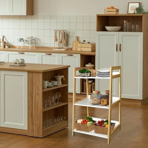 ECOMEX 3-Tier Ladder Shelf Modern Style Shelf, Ladder Bookshelf Open Storage Rack Wood Ladder Shelf with Bamboo Frame, Freestanding Ladder Shelves for Home Office, Bedroom (Bamboo Frame,White Shelf) - Image 6