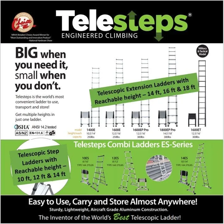 Telesteps 1800EP Automatic Telescoping Ladder, Patented One-Touch Release, OSHA Compliant, 14.5 ft Extended Height, Up to 18 ft Reach, Wide Pro Step, Telescoping Extension Ladder - Image 9