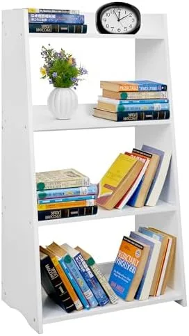 White Bookshelf, White Bookcase, 4 Tier Bookshelf, Wood Ladder Shelves Bookcase, Leaning Shelves for Living Room, Bedroom, Office. (White, 4 Tier) - Image 4