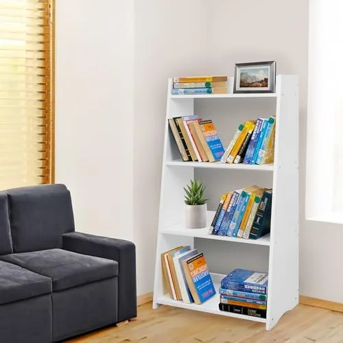 White Bookshelf, White Bookcase, 4 Tier Bookshelf, Wood Ladder Shelves Bookcase, Leaning Shelves for Living Room, Bedroom, Office. (White, 4 Tier) - Image 5