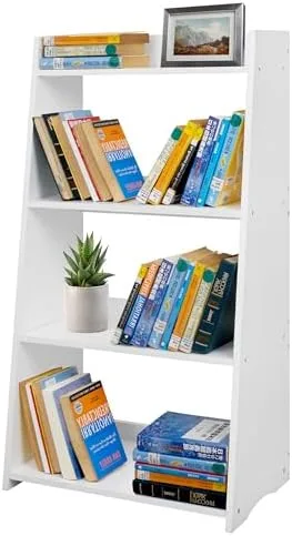 White Bookshelf, White Bookcase, 4 Tier Bookshelf, Wood Ladder Shelves Bookcase, Leaning Shelves for Living Room, Bedroom, Office. (White, 4 Tier) - Image 6