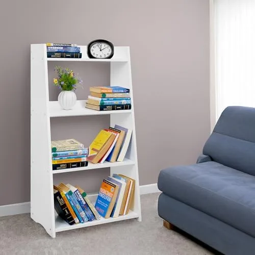 White Bookshelf, White Bookcase, 4 Tier Bookshelf, Wood Ladder Shelves Bookcase, Leaning Shelves for Living Room, Bedroom, Office. (White, 4 Tier) - Image 7